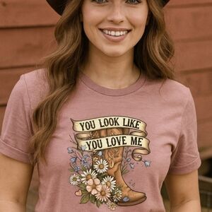 Mauve Western Boot Graphic Tee • You Look Like You Love Me Shirt • Floral Cowboy